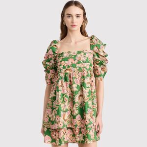 Misa Dress Green Kate Mini Ruched Puffed Floral Pintuck Tie Back A Line Boho XS